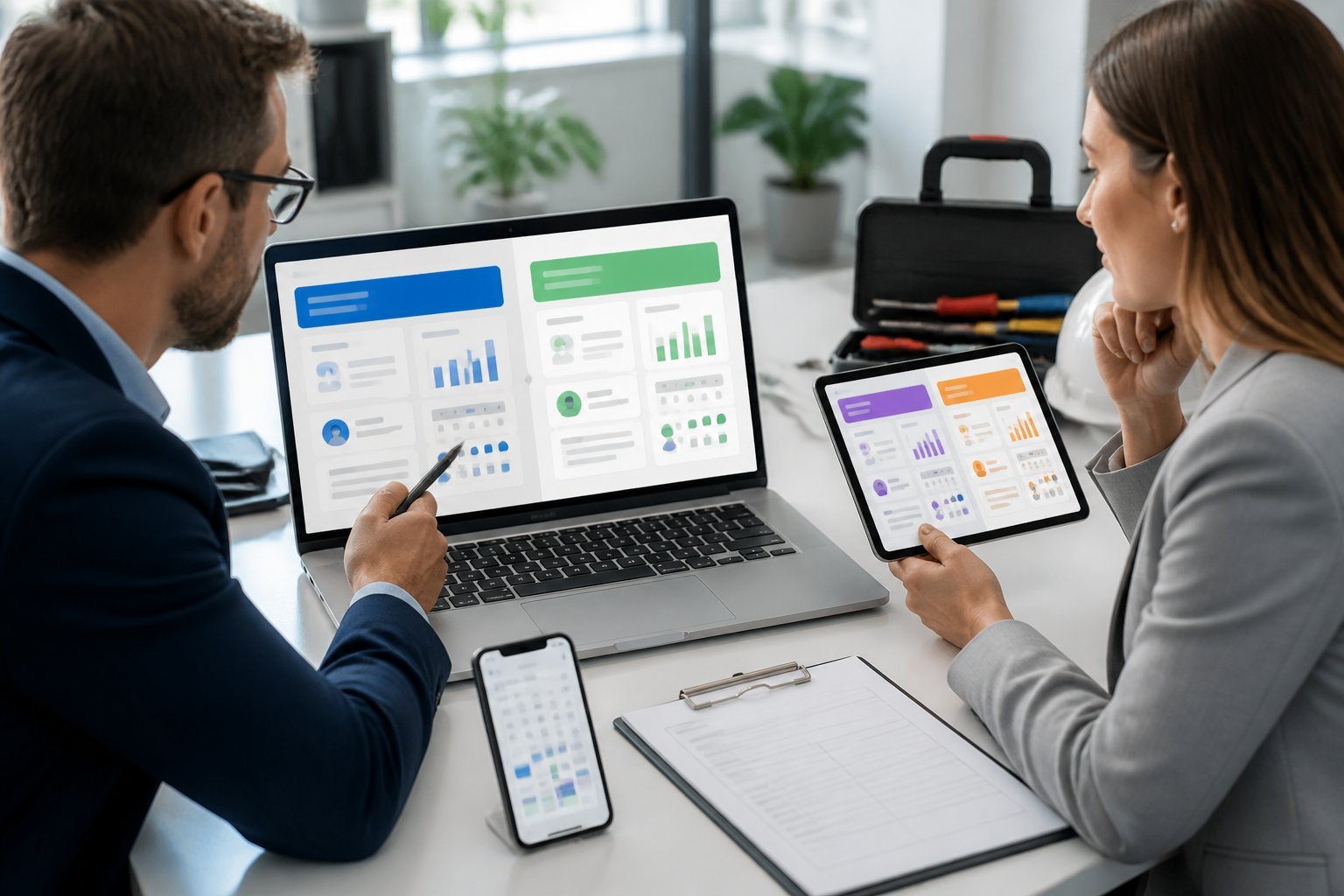 Two professionals compare generic service-management dashboards on a laptop and tablet in a modern office.