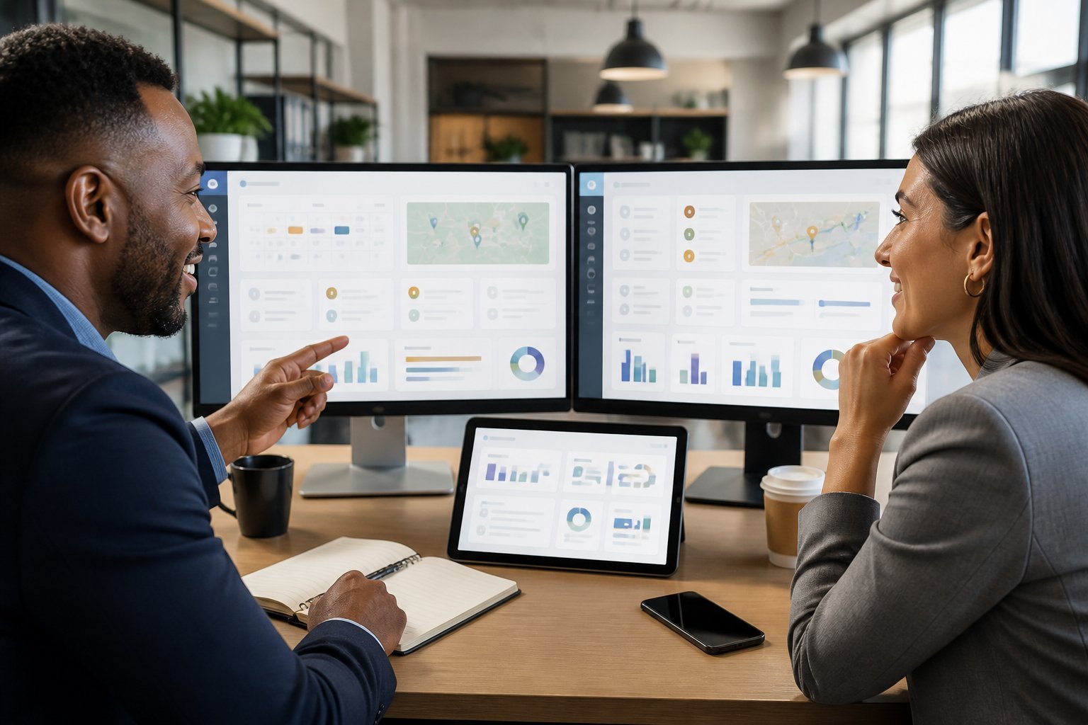 Two professionals compare service management dashboards on computer screens in a modern office.