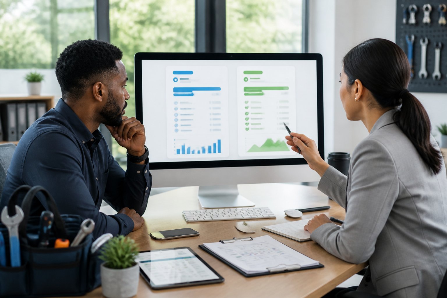 Two business professionals compare service management software dashboards on a computer in a modern office.