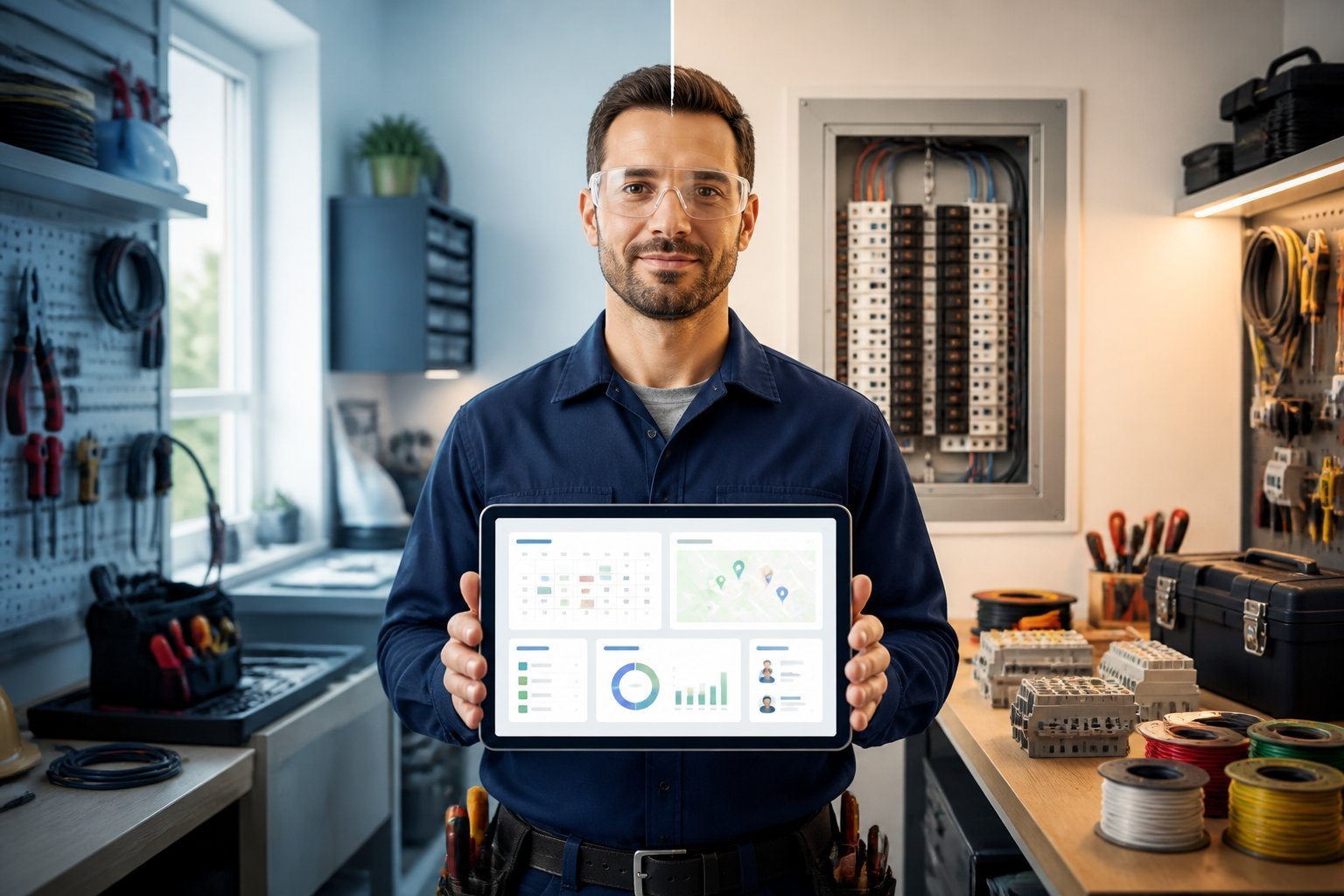 An electrician reviews a job management dashboard on a tablet in a well-organized electrical workspace.
