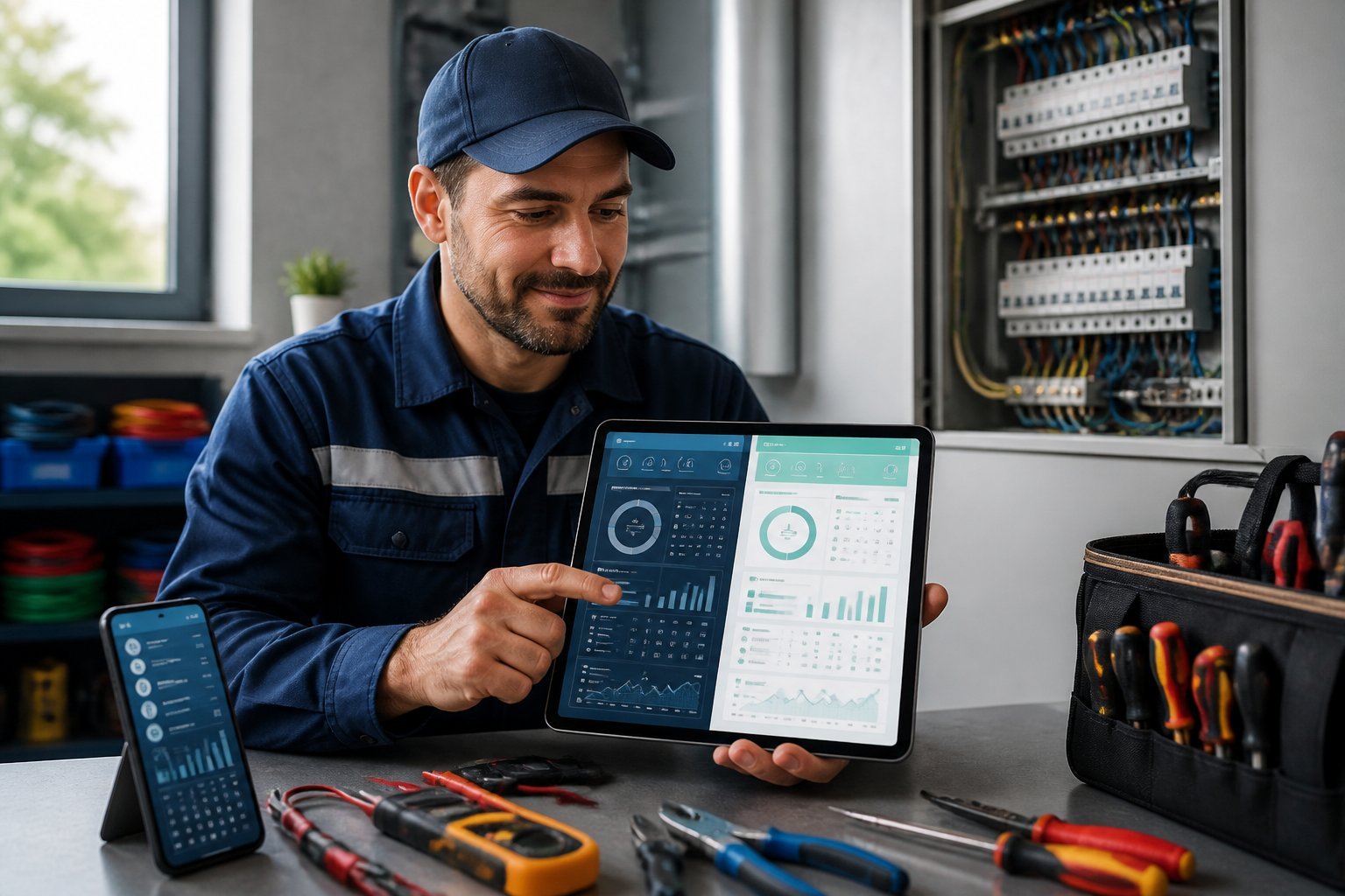An electrician reviews a tablet beside tools and electrical equipment in a clean work setting.
