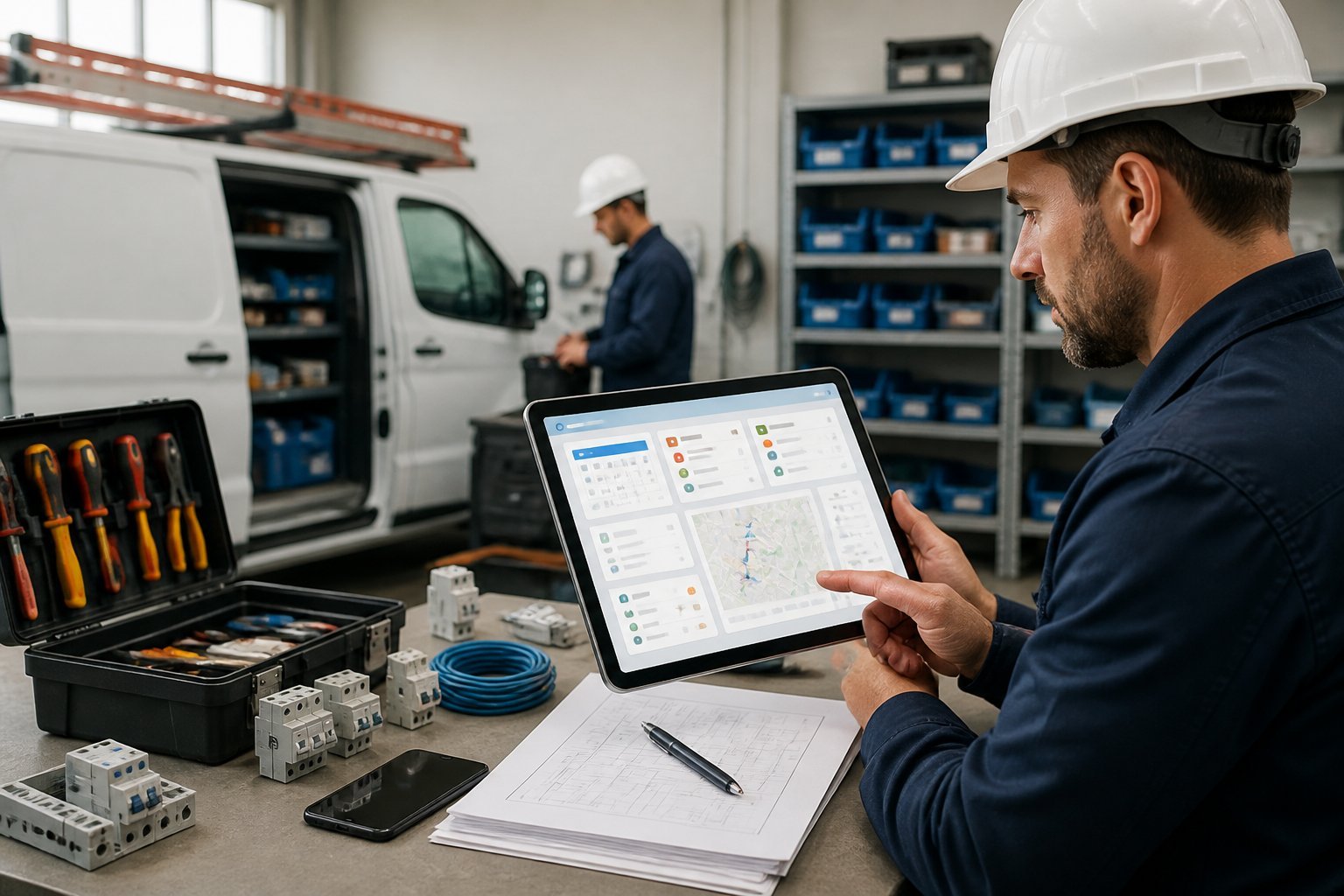 An electrician reviews a tablet beside tools, electrical plans, and wiring equipment in a professional workspace.