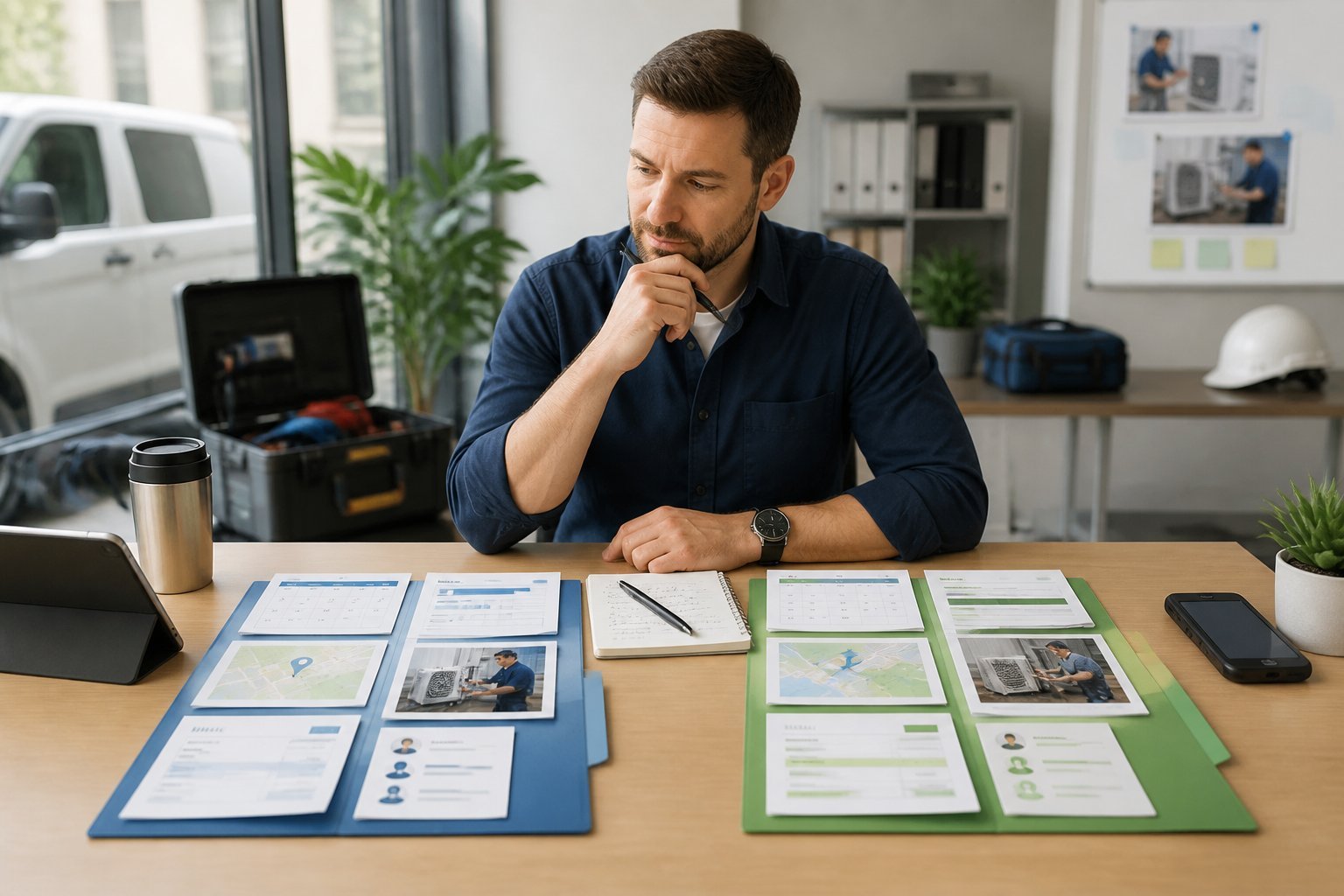 A business owner compares organized field service schedules, customer records, and route-planning materials at a modern office desk.