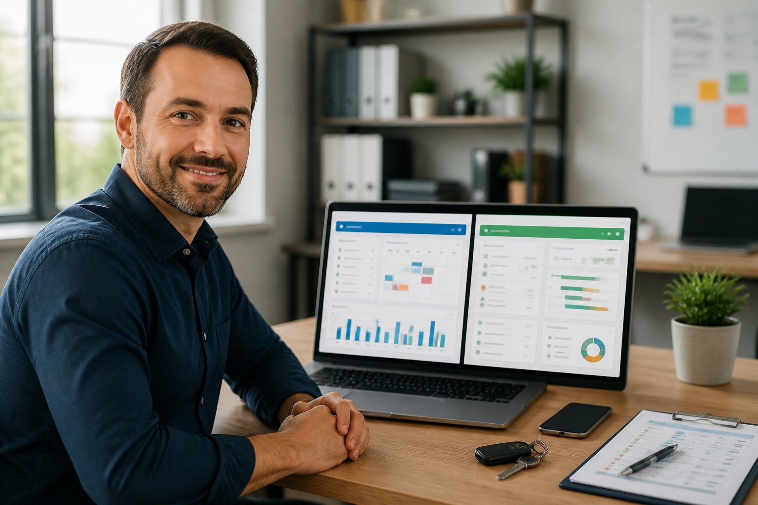 A small-business manager reviews two workflow dashboards on a laptop in a modern office.