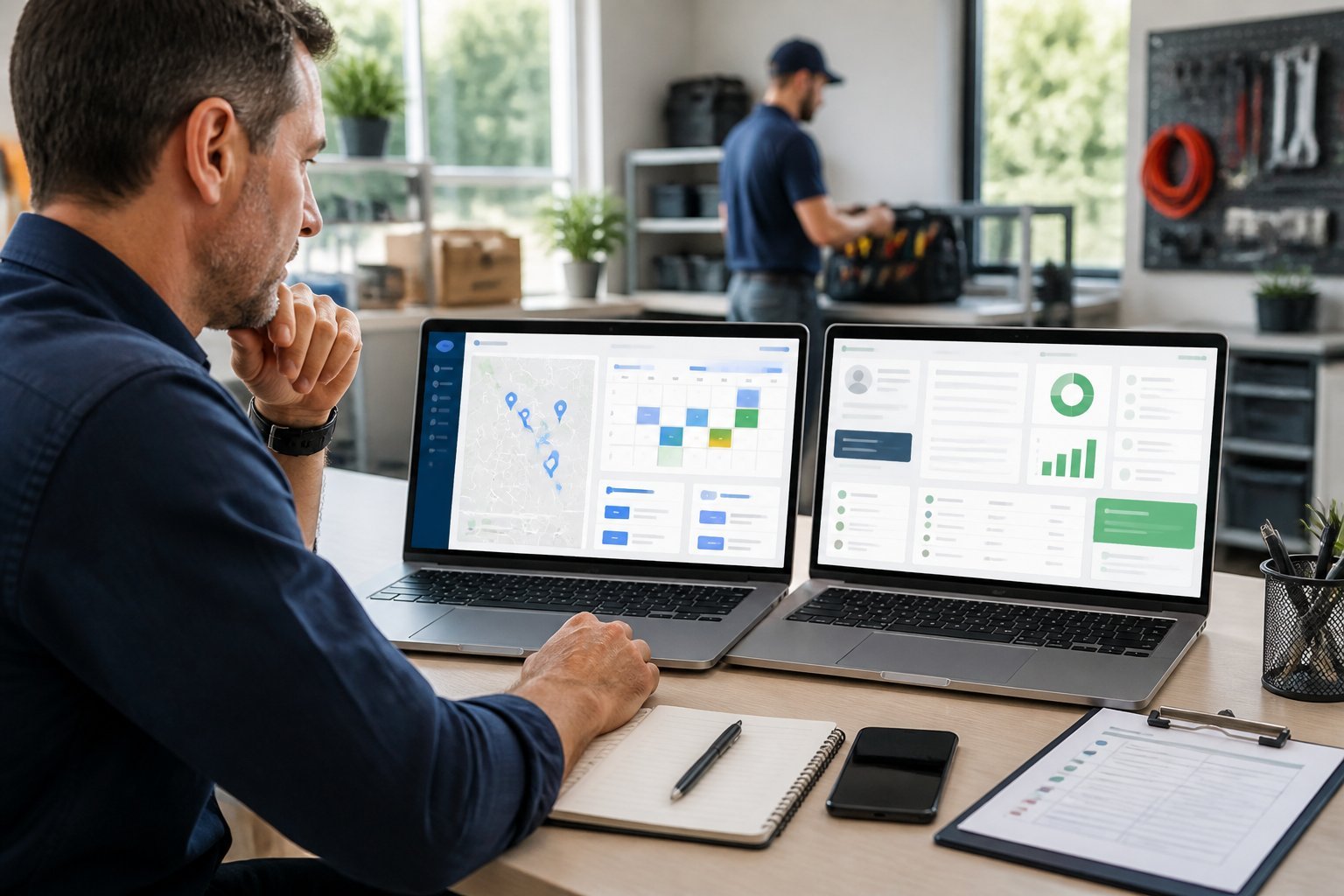 A field-service manager compares two software dashboards on laptops in a modern office.