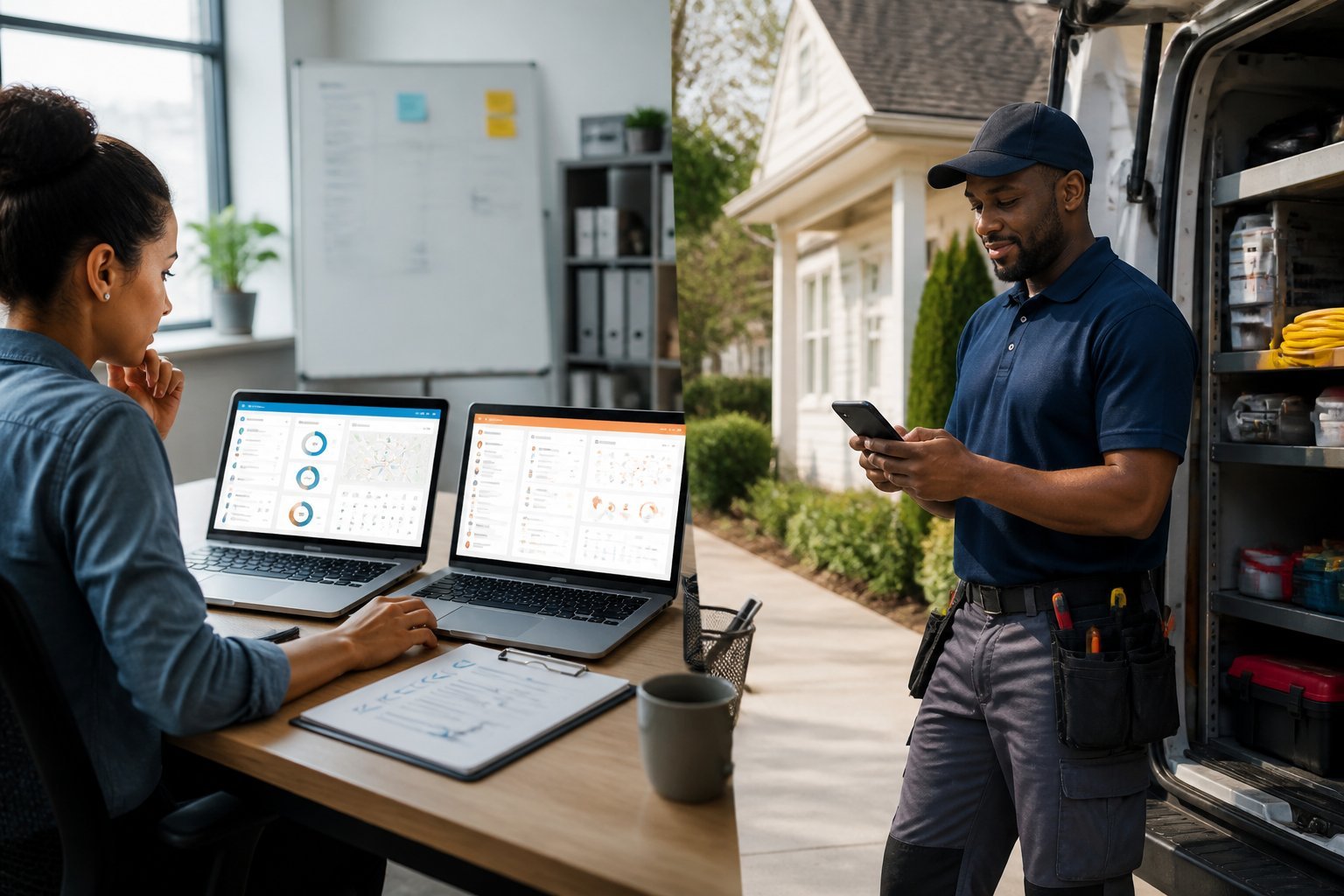 A home-services manager and technician compare generic software dashboards in a modern office and service setting.