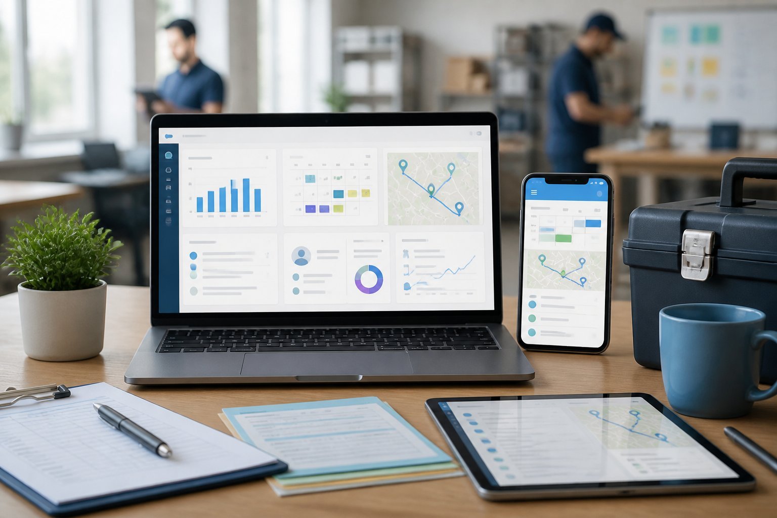 Laptop and smartphone displaying generic service management dashboards on a modern office desk.