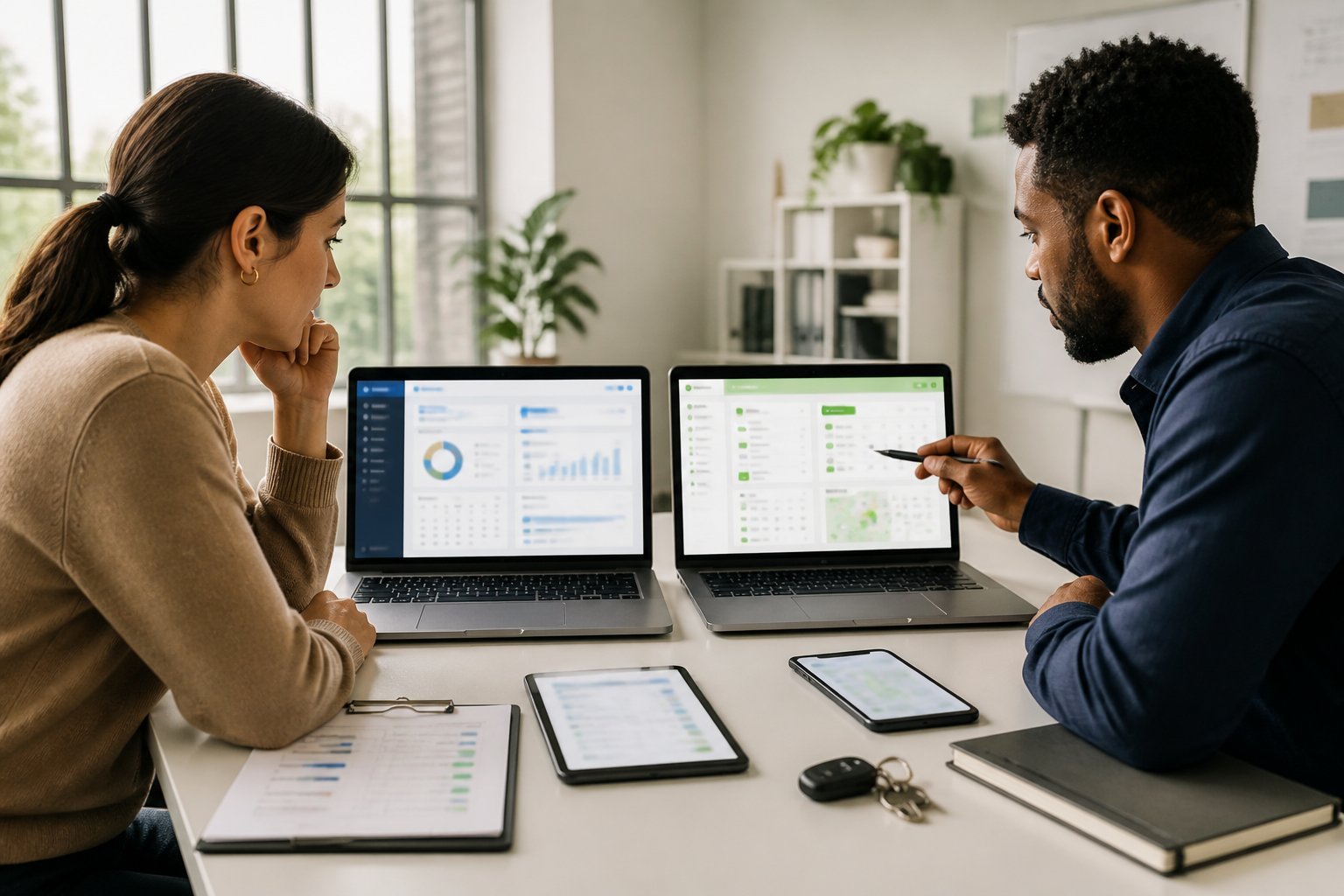 Two professionals compare software dashboards on laptops in a modern home-services office.