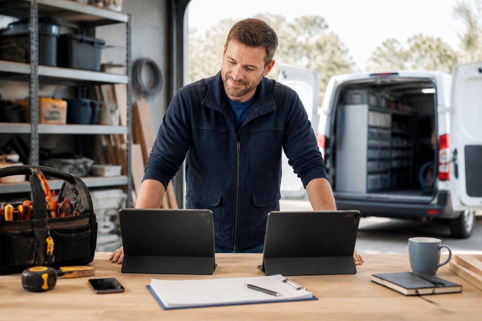 An independent contractor compares two work management options on tablets at a modern workshop.
