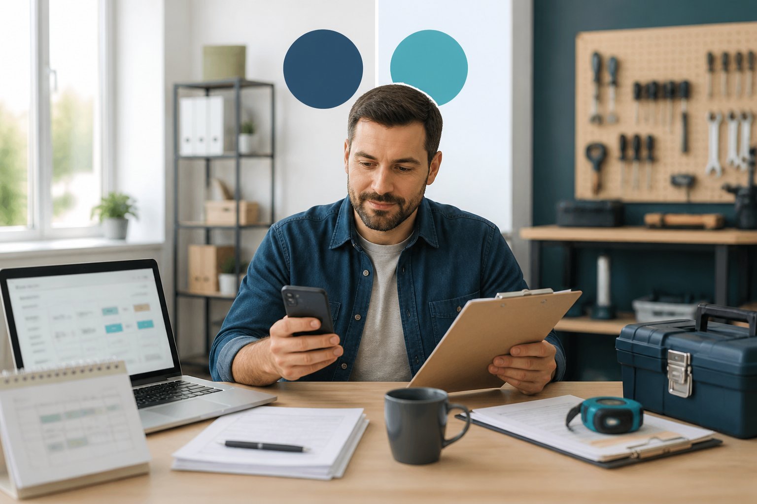 An independent contractor reviews scheduling and business tools on a laptop and smartphone at a modern desk.