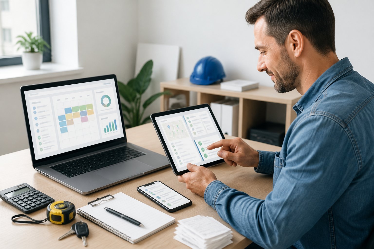 An independent contractor reviews a tablet and laptop at an organized workspace with business tools nearby.