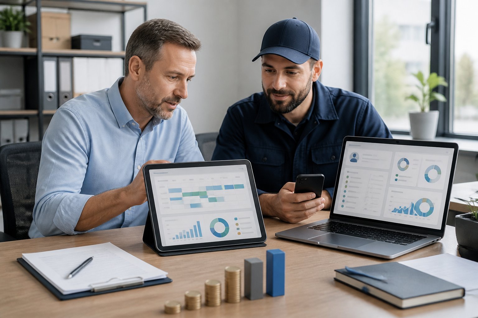 A service manager and field technician compare scheduling and business data on digital devices in a modern office.
