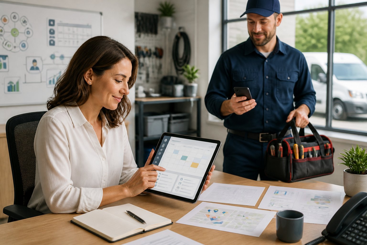 A service business manager and technician reviewing digital job schedules and field-service operations in a bright office.