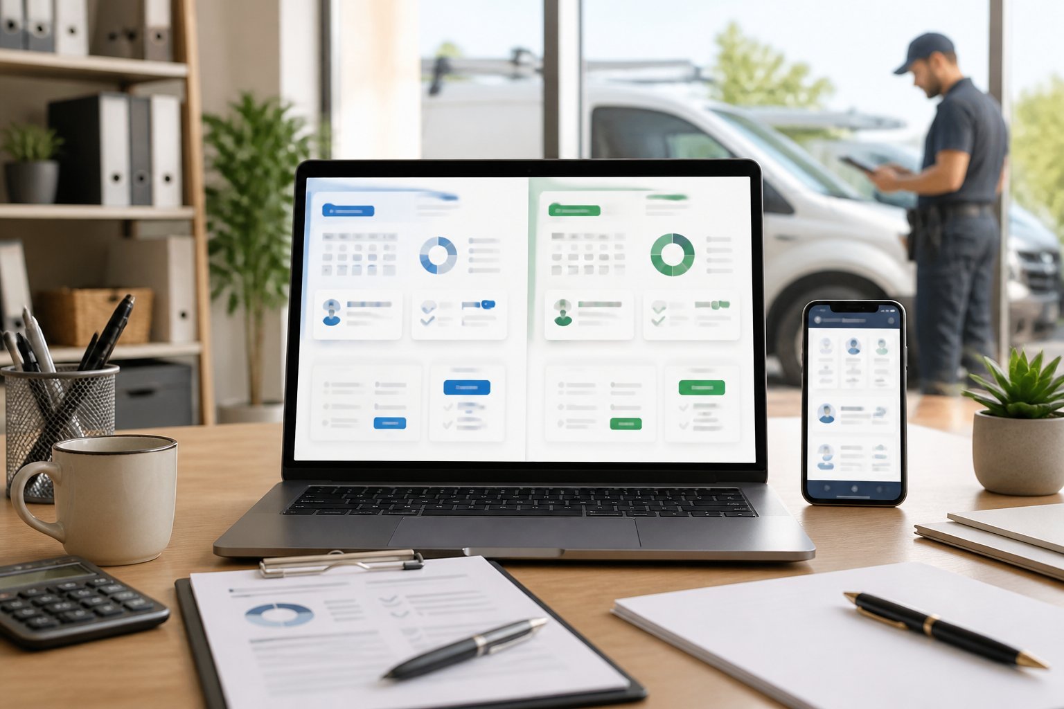 A business office desk with a laptop and smartphone showing abstract service-management dashboards, with a technician in the background.