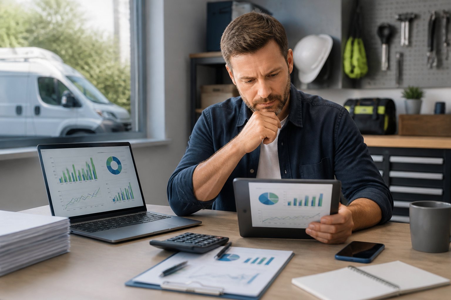 A contractor reviews financial charts and business costs at a desk in a modern service company office.