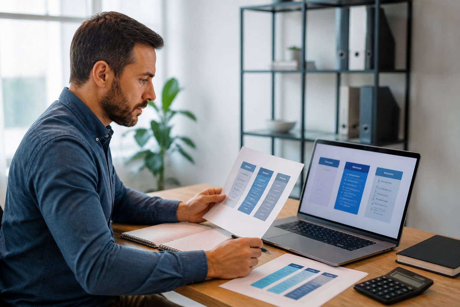 A small-business manager reviews pricing options on a laptop at an organized office desk.
