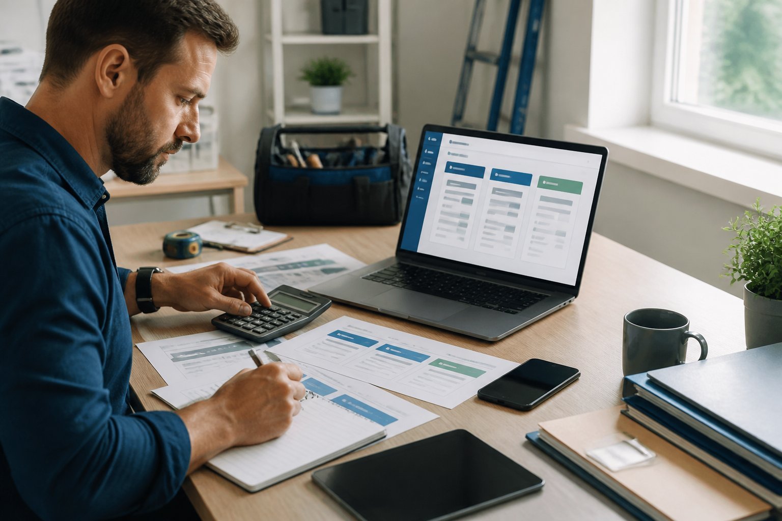 A home-services business owner reviews pricing options on a laptop at an organized office desk.