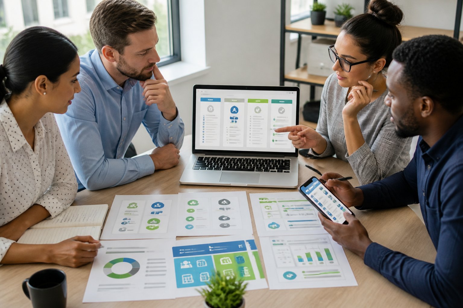 A team of service business professionals compares software features and pricing on a laptop and printed materials in a modern office.