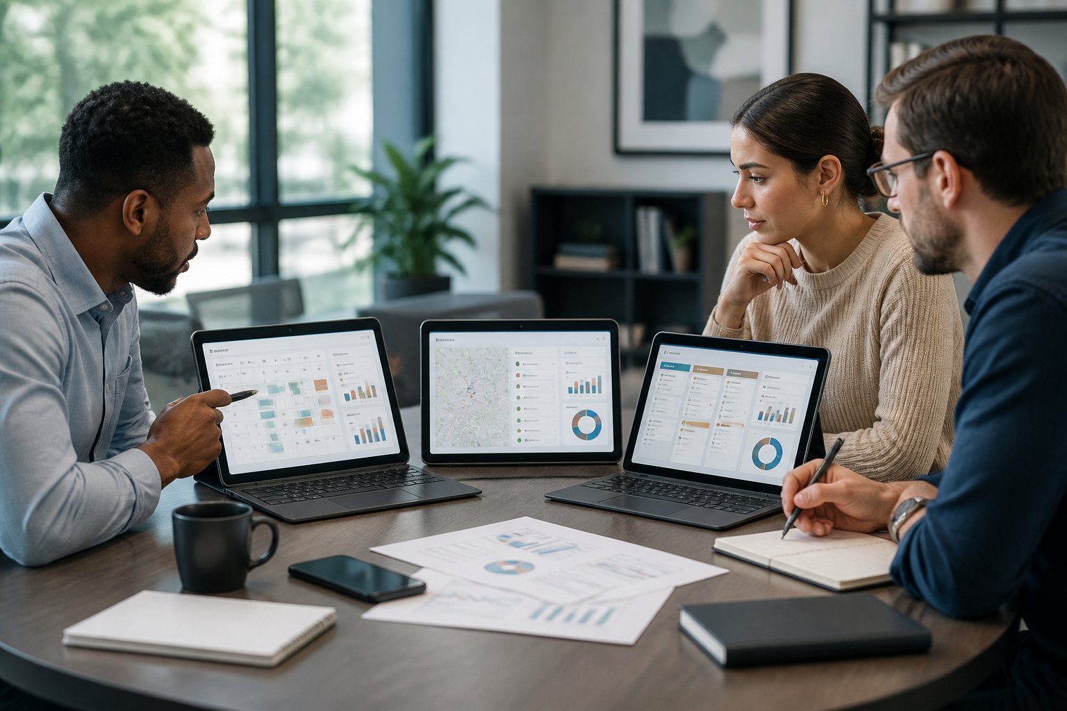 Three service-business professionals compare information on three devices around a modern office table.