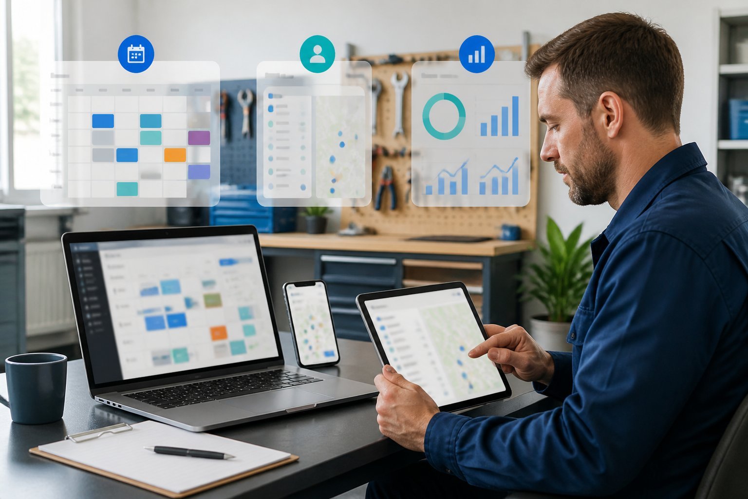 A service professional reviews three digital business management tools on a laptop, tablet, and smartphone.