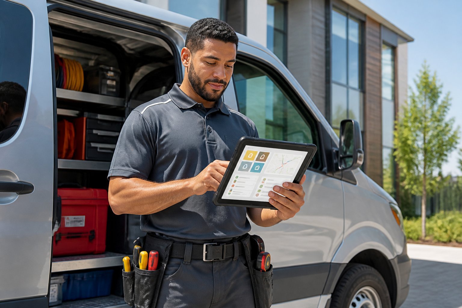 A field technician uses a tablet beside a service van outside a property.