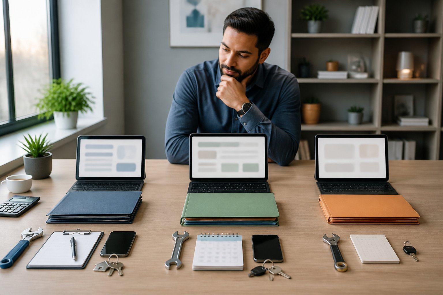 A business professional compares three organized sets of tools and devices at an office desk.