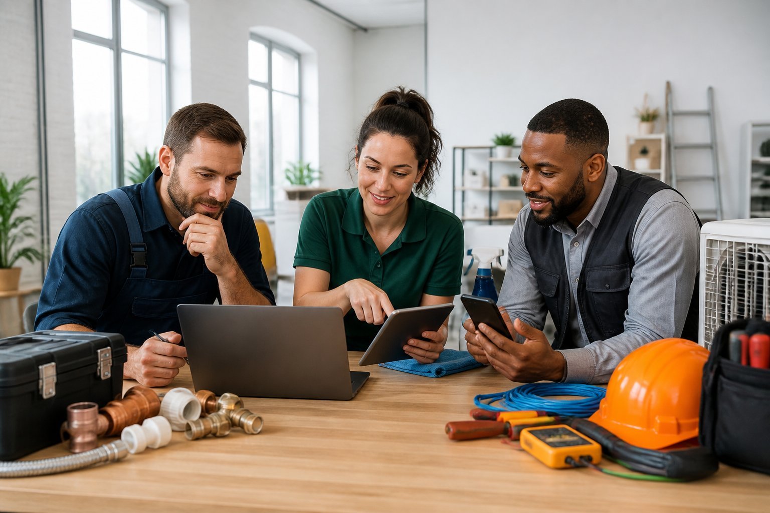 Three service professionals compare business management options on digital devices in a modern workspace.