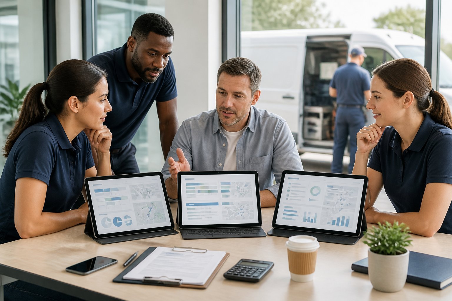 A service business team compares three digital workflow options around a table in a modern office.