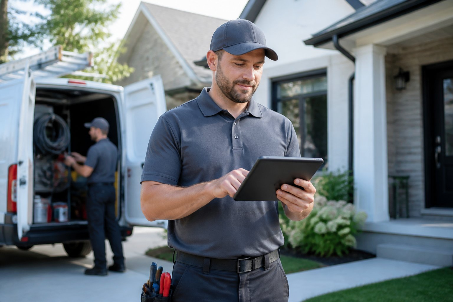 A home service technician uses a tablet beside a service van outside a house.