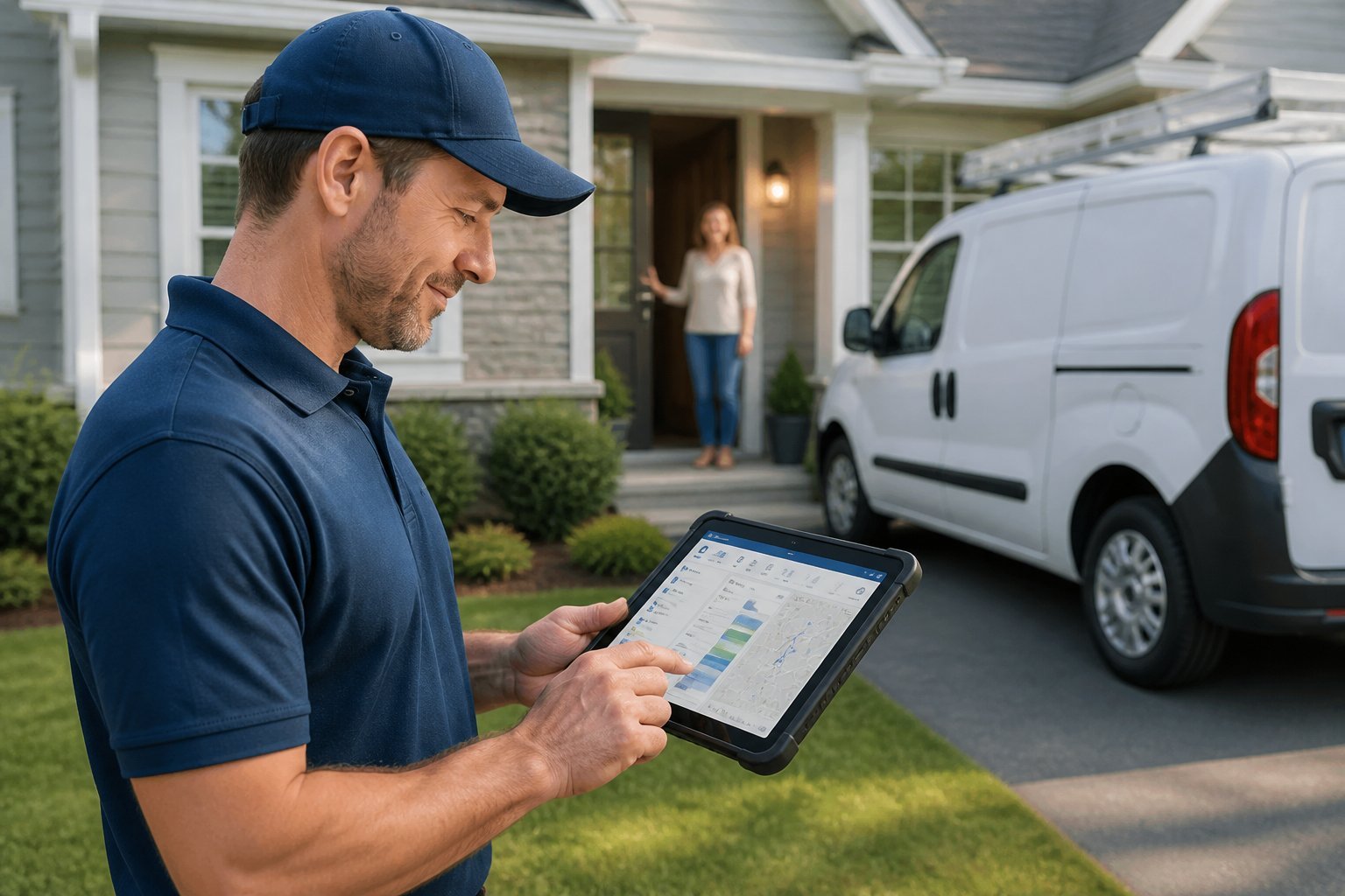 A home service technician reviews a tablet outside a suburban house while a homeowner waits nearby.