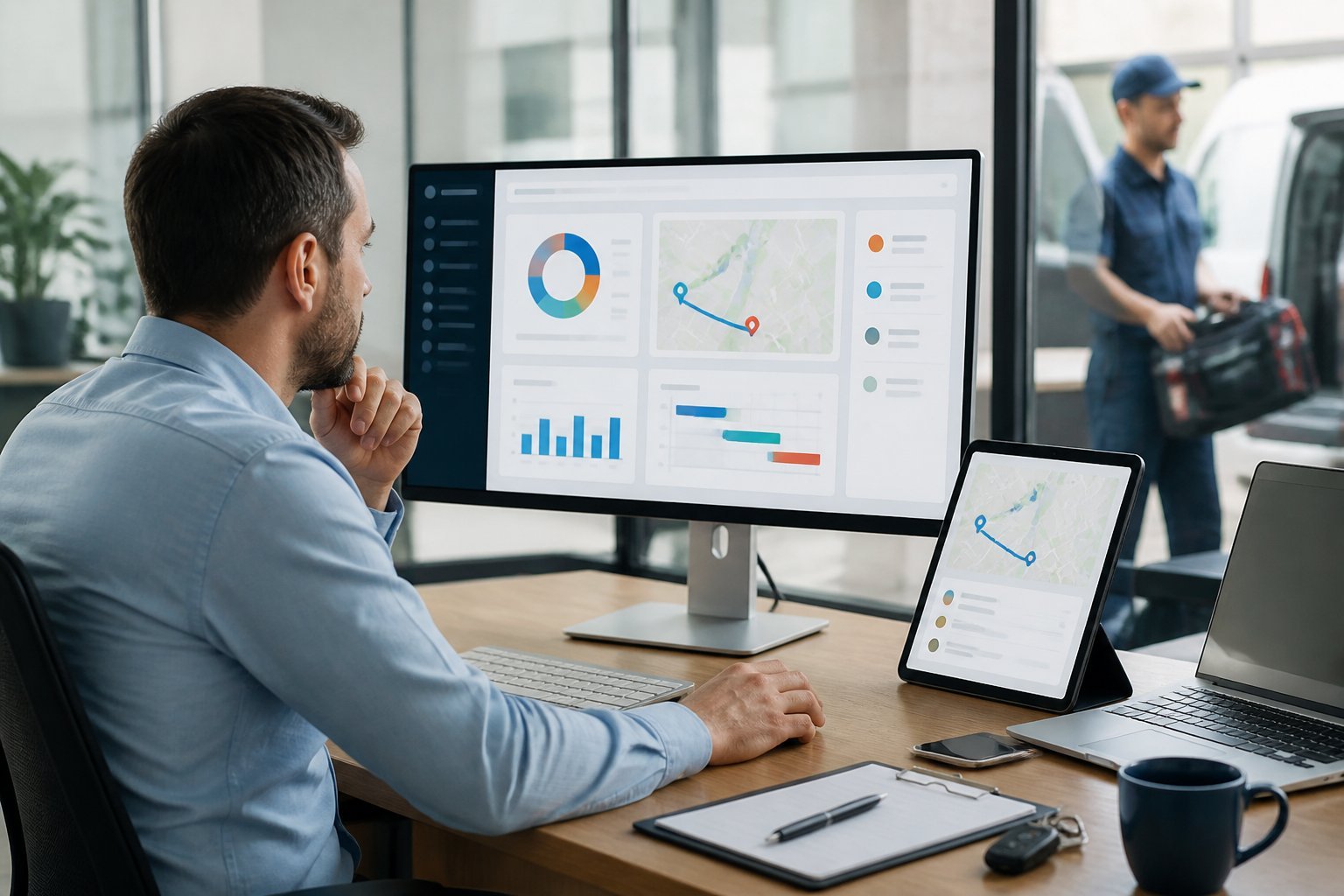 A home service business manager reviews scheduling and performance information while a field technician prepares for a job.
